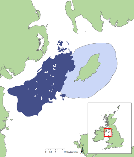 Western Irish Sea Mud-Belt (dark blue) in the Irish Sea, extending into the Isle of Man’s Territorial Sea (light blue). Credit: Hannah Muir.